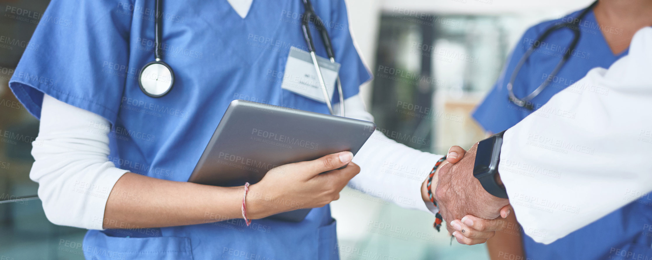 Buy stock photo Doctor, meeting and handshake with nurse in office for negotiation, agreement and recruitment. People, tablet and shaking hands for partnership, thank you and medical policy for healthcare onboarding