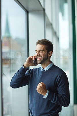 Buy stock photo Window, success and business man with phone call for negotiation, investment deal and good news. Corporate, office and person on smartphone for financial growth, agreement and fist pump for profit