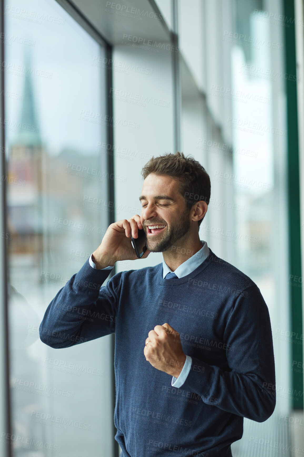 Buy stock photo Window, success and business man with phone call for negotiation, investment deal and good news. Corporate, office and person on smartphone for financial growth, agreement and fist pump for profit