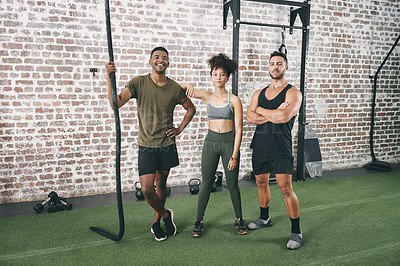 Buy stock photo Athlete, portrait and people in gym for training, fitness advice and exercise feedback. Men, woman and smile with discussion for workout, physical activity and tips for strong muscle in health center