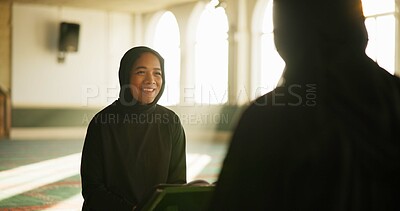 Buy stock photo Happy, talking and Muslim woman in mosque to worship for Palestine, gratitude or praise to Allah. Student, Islamic faith and spiritual people in conversation for God on Ramadan for learning together
