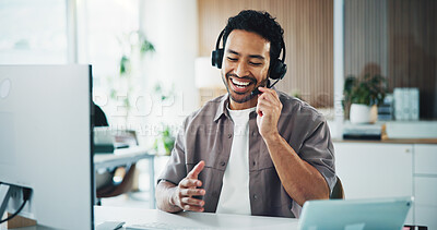 Buy stock photo Call center, talking and businessman with headset in office for crm, customer service or helpdesk. Communication, computer and male consultant with mic for technical support, contact us or advice.