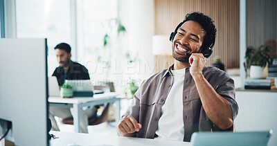 Buy stock photo Call center, laugh and businessman with headset in office for crm, customer service or helpdesk. Communication, computer and male consultant with mic for technical support, contact us or advice.