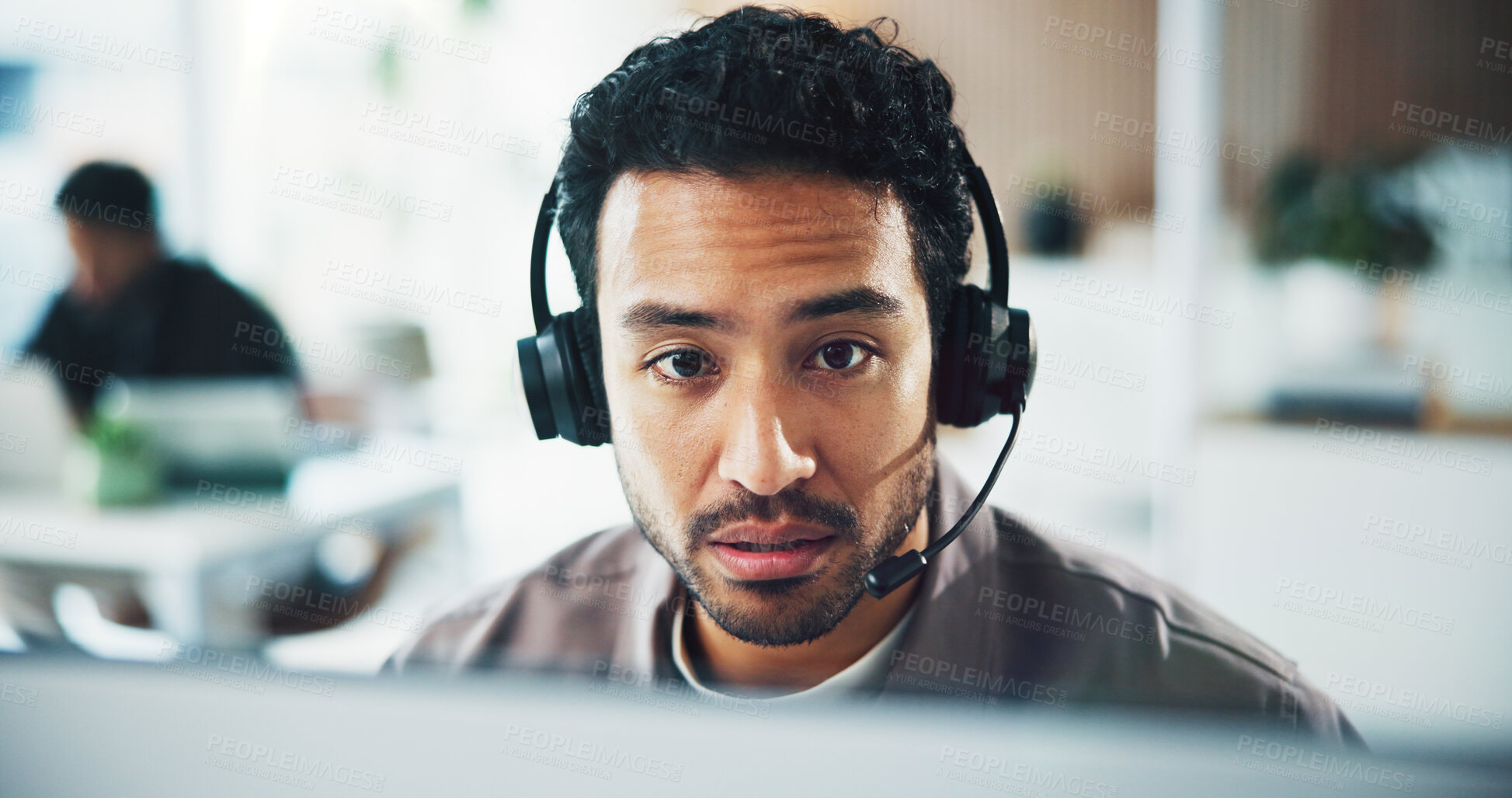 Buy stock photo Call center, communication and businessman with headset in office for crm, customer service or helpdesk. Talking, computer and male consultant with mic for technical support, contact us or advice.