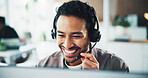 Call center, happy and businessman with headset in office for crm, customer service or helpdesk. Communication, computer and male consultant with mic for technical support, contact us or advice.