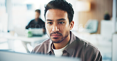 Buy stock photo Technology, research and businessman in office with reading email for feedback on creative project. Computer, communication and male magazine editor working on article for publishing at agency.