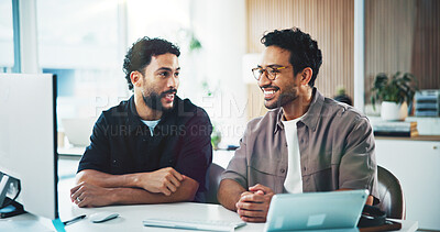 Buy stock photo Happy, team and men with computer, creative and planning for design project, meeting and discussion. Business, graphic designer and people with ideas for brand identity, collaboration with technology