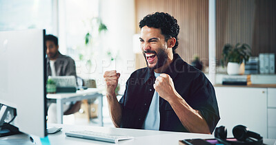 Buy stock photo Man, fist pump and success with computer at office for goal, promotion or bonus at media company. Person, writer and excited for celebration with achievement, announcement and notification at agency