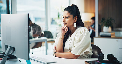 Buy stock photo Creative, reading and woman with computer, office and planning for article publication or journalism. Media, reporter and person with technology for story, online and blog post on website in newsroom
