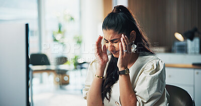 Buy stock photo Stress, headache and businesswoman in office with fatigue, burnout or frustration for creative project. Mistake, tired and magazine editor with migraine for error with publishing at startup agency