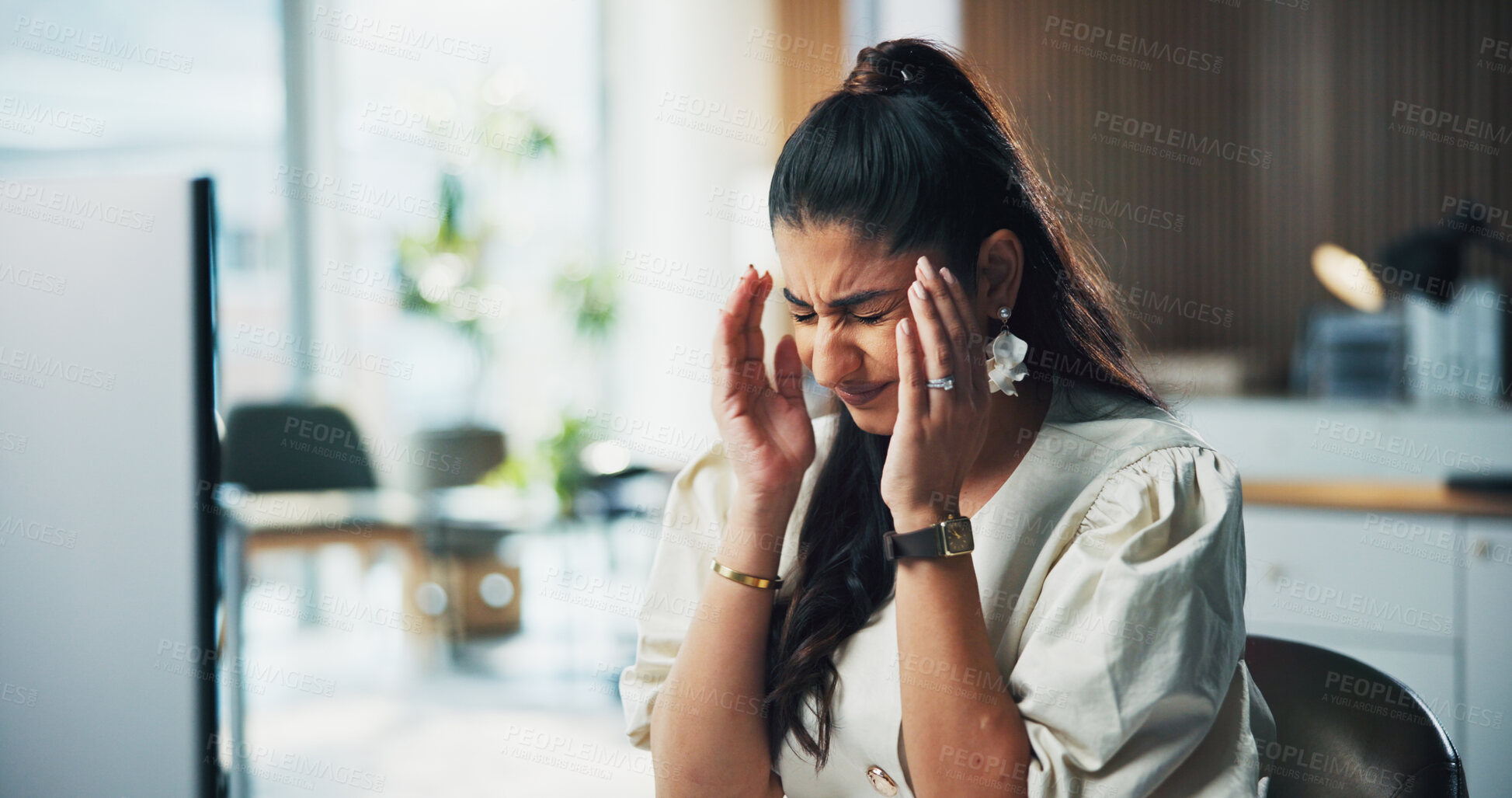 Buy stock photo Stress, headache and businesswoman in office with fatigue, burnout or frustration for creative project. Mistake, tired and magazine editor with migraine for error with publishing at startup agency