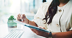 Woman, hands and writing with tablet for business schedule, planning or design on office desk. Closeup, female person or web designer with technology or pen for UI, UX or development in workplace