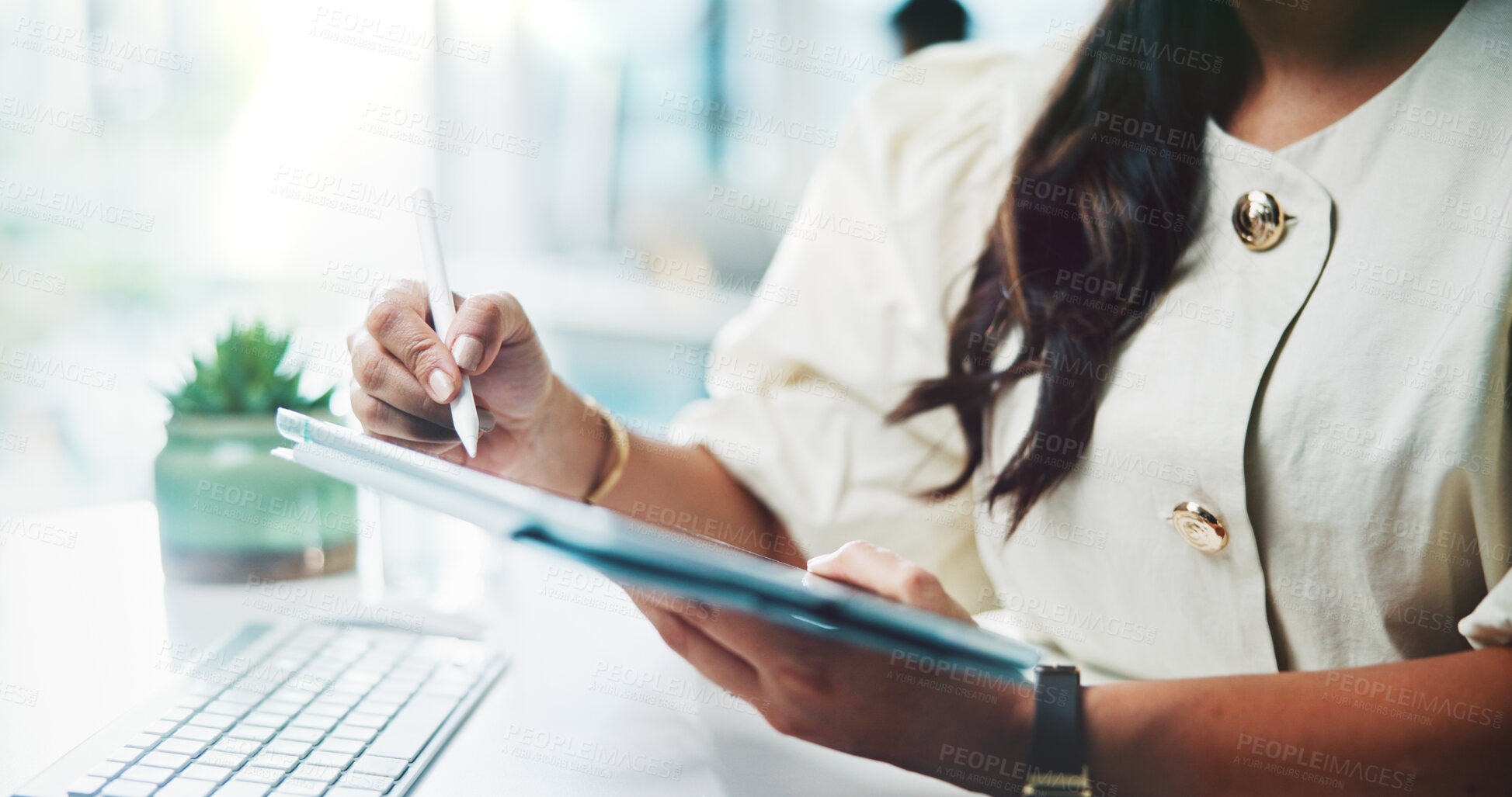 Buy stock photo Woman, hands and writing with tablet for business schedule, planning or design on office desk. Closeup, female person or web designer with technology or pen for UI, UX or development in workplace