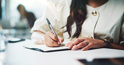 Buy stock photo Woman, hands and writing with book for business planning, schedule or reminder on office desk. Closeup, female person or journalist with notebook or diary for project ideas, company agenda or tasks