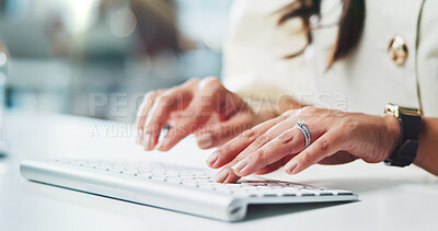 Buy stock photo Creative, typing and hands with keyboard, office and planning for article publication or journalism. Media, reporter and person with technology for story, online and blog post on website in newsroom