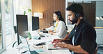 Call center, computer and man in workplace, typing for customer service and headset for communication. Person, talking and employees in office, pc or discussion for online assistance and consultation