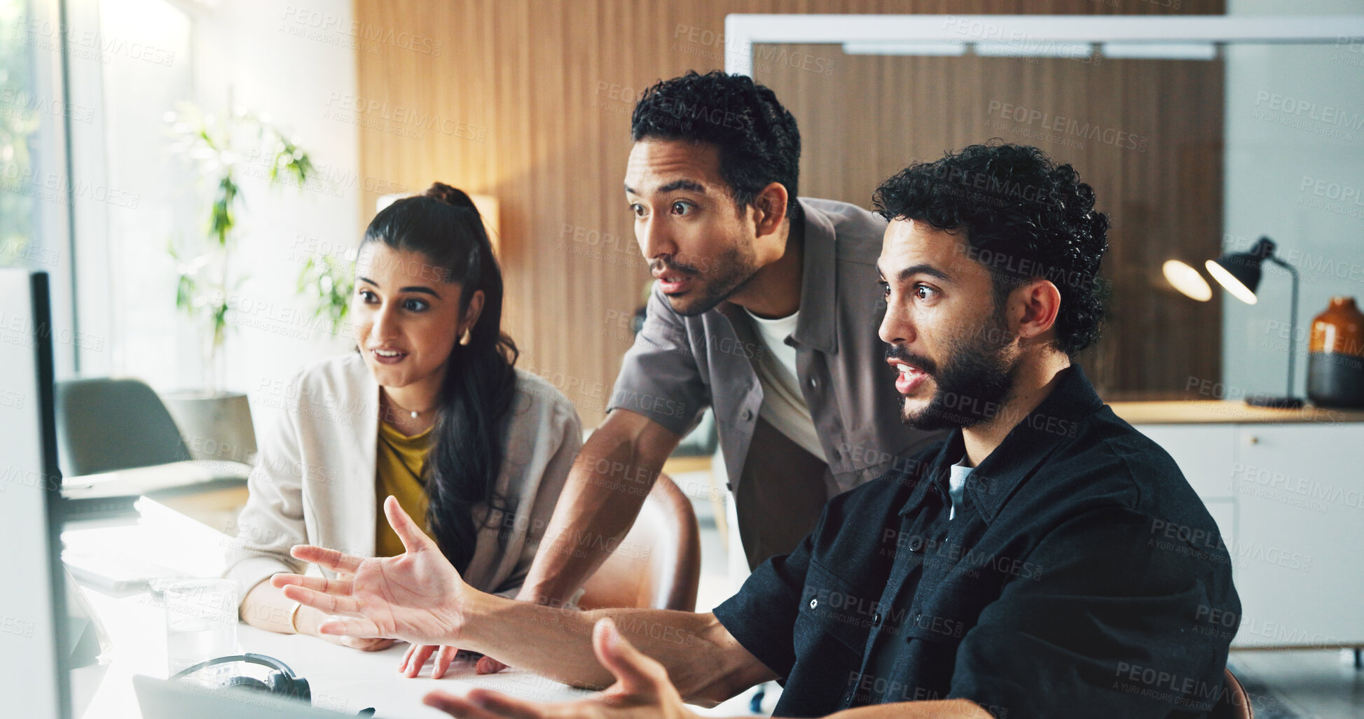 Buy stock photo Man, team and surprise with computer at startup, notification or excited for deal at media company. People, group and wow with pc, happy and announcement with proposal approval at creative agency