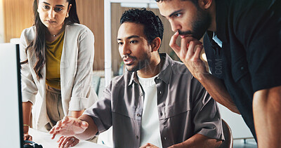 Buy stock photo Team, people and advice with computer in office for market shift, stock price and trading news. Traders, tech and listening to mentor for currency update, financial review and explain investment app