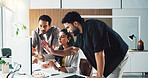 Woman, team and computer with planning at office for project management, talk and point at media company. People, group and feedback with pc, collaboration and discussion with article at press agency