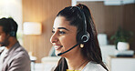 Call center, communication and businesswoman with headset in office for crm, customer service or helpdesk. Contact, computer and female consultant with mic for technical support, contact us or advice