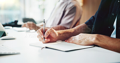 Buy stock photo Person, hands and writing with book for business planning, schedule or reminder on office desk. Writer, journalist and taking notes with notebook or diary for project ideas, company agenda or tasks