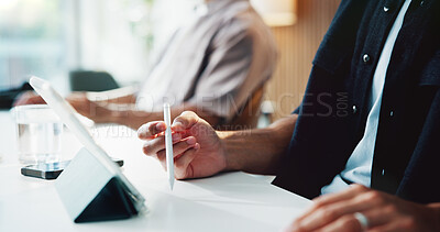 Buy stock photo Hands, stylus and man in office, tablet for online manuscript and digital app for editing. Person, copywriting and journalist in workplace, tech and email for submission, creative project or internet