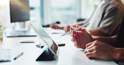 Buy stock photo Finance, tablet and hands of business man with pen for stock market, research and online trading. Office, coworking and person on tech with stylus for financial review, investment and risk assessment