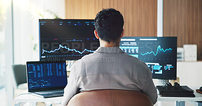 Buy stock photo Back, investment and man in office, computer screen and stats for stock market exchange. Person, investor and employee in workplace, pc and charts for trading portfolio and graphs for profit increase