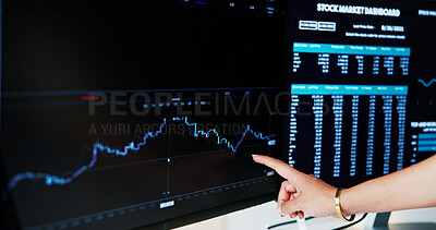 Buy stock photo Hand, investment and woman in office, computer screen for stock market exchange and pointing. Employee, pc and person in workplace, connection and charts for profit increase and graphs for trading