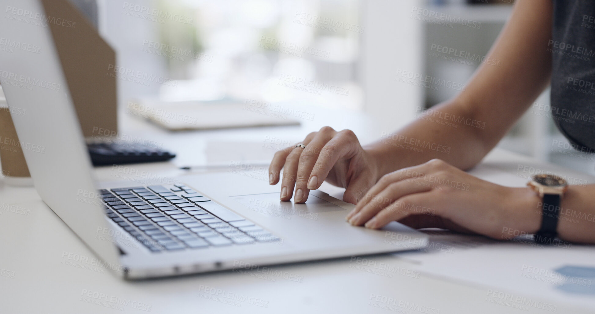 Buy stock photo Online, research and hands with laptop in business, financial analyst and risk assessment on website. Scroll, info and person with tech for investment opportunity, wealth management and assignment