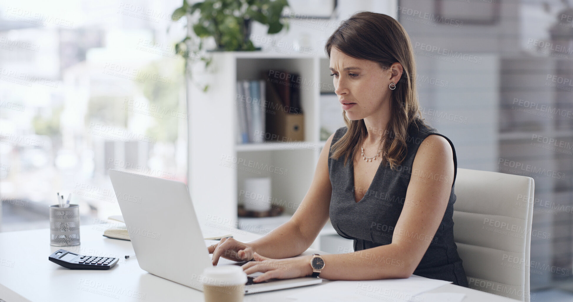 Buy stock photo Laptop, upset and businesswoman in office with research for creative project for startup. Technology, confused and female magazine editor with computer for online article with publishing at agency.
