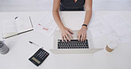 Employee, typing and hands with laptop in business, financial analyst and risk assessment on website. Online, info and person with tech for tax preparation, above and wealth management with paperwork