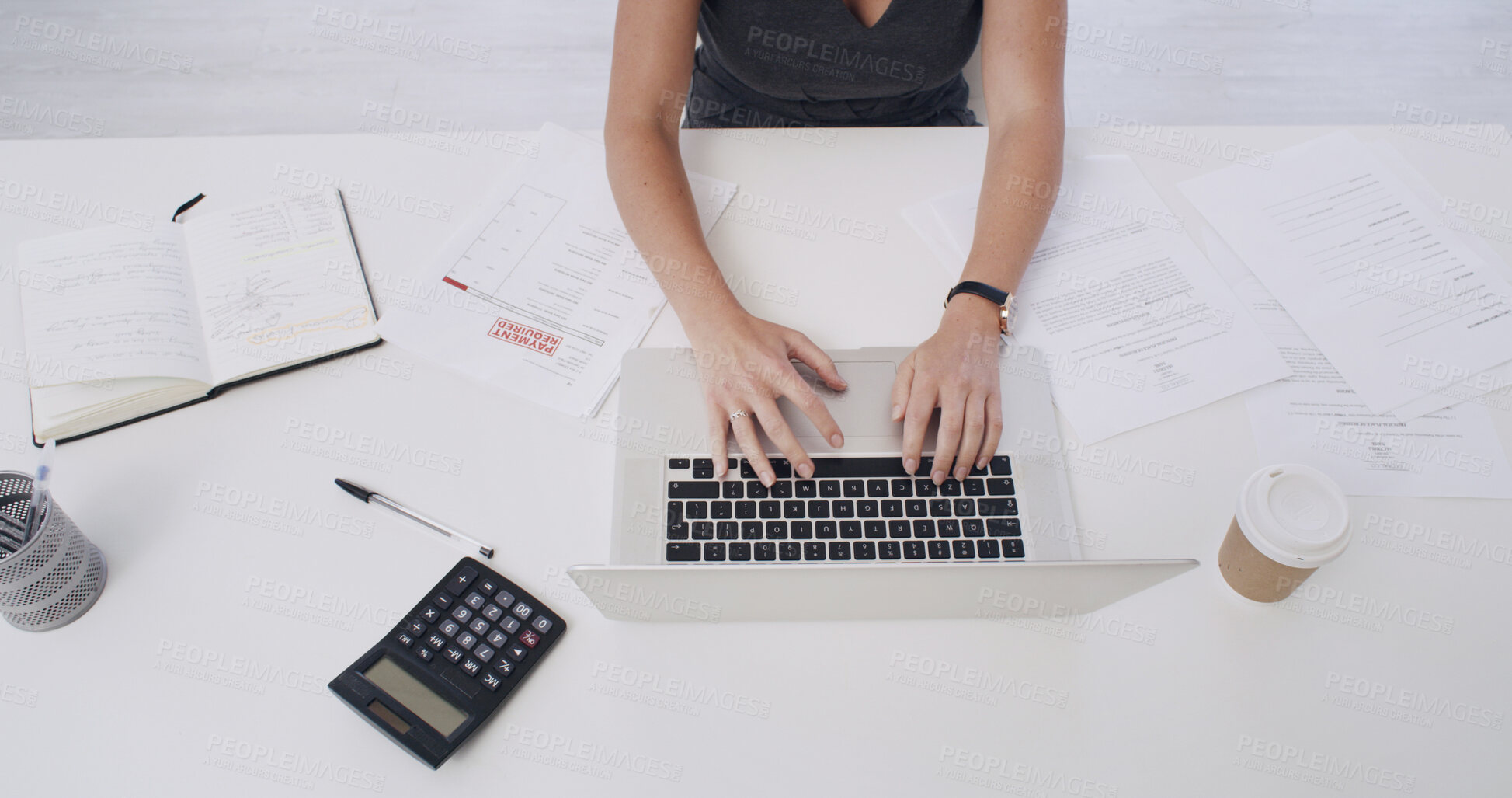 Buy stock photo Employee, typing and hands with laptop in business, financial analyst and risk assessment on website. Online, info and person with tech for tax preparation, above and wealth management with paperwork