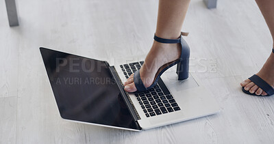 Buy stock photo Feet, woman and stand on laptop to damage tech, technical issues and hardware failure. Angry, female person and destroy pc for malfunction, system crash and rage outburst from workplace burnout