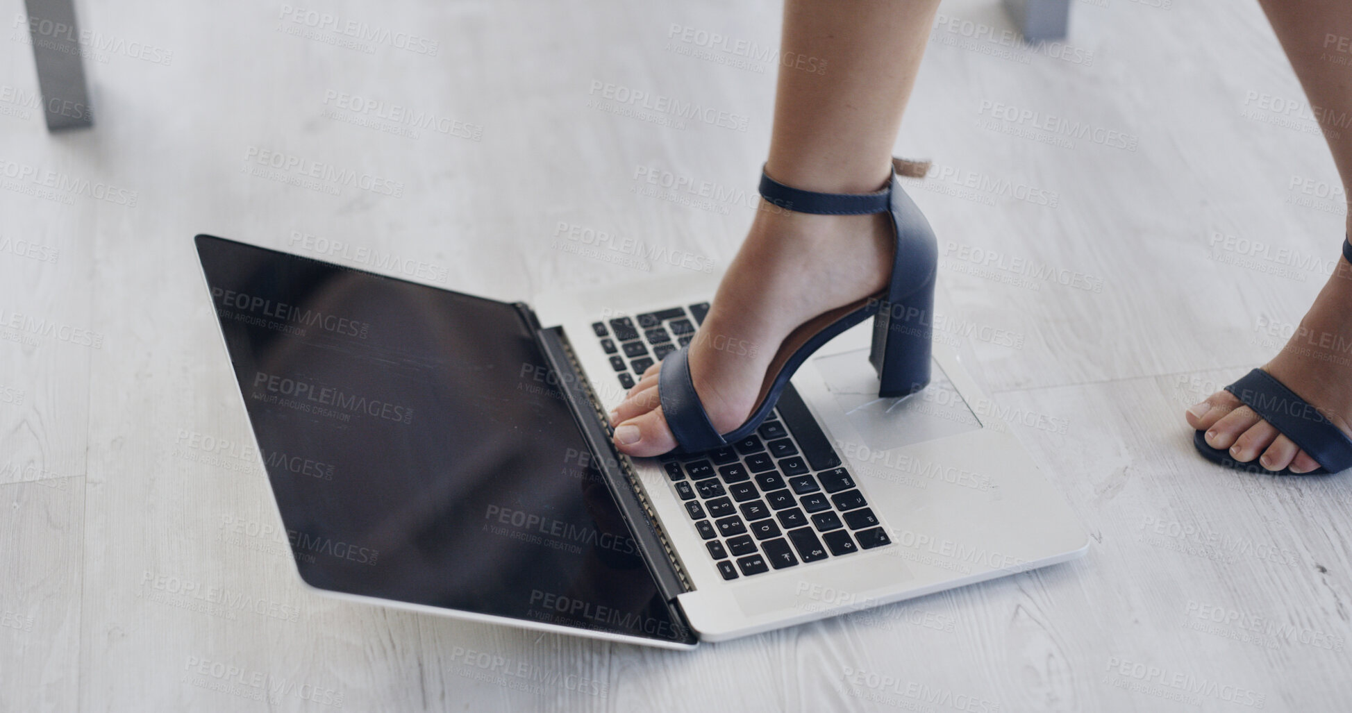 Buy stock photo Feet, woman and stand on laptop to damage tech, technical issues and hardware failure. Angry, female person and destroy pc for malfunction, system crash and rage outburst from workplace burnout