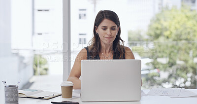 Buy stock photo Laptop, confused and businesswoman in office with research for creative project for startup. Technology, upset and female magazine editor with computer for online article with publishing at agency.