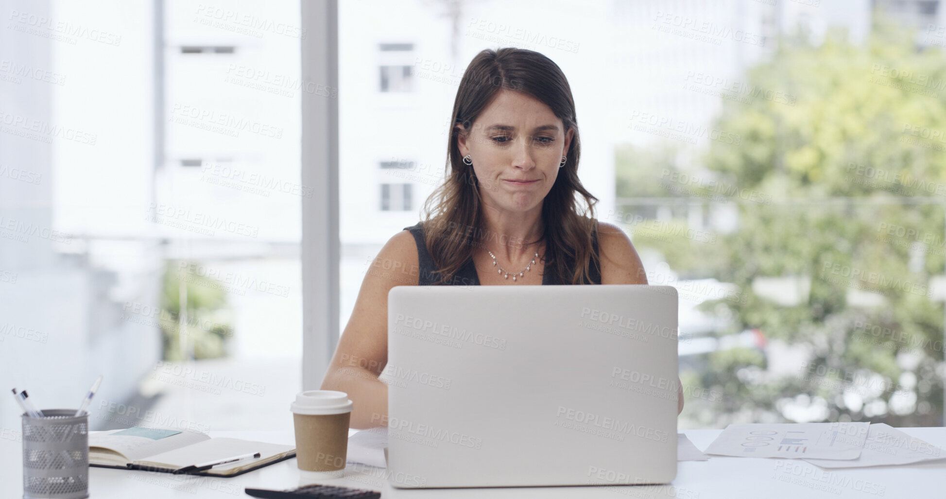 Buy stock photo Laptop, confused and businesswoman in office with research for creative project for startup. Technology, upset and female magazine editor with computer for online article with publishing at agency.