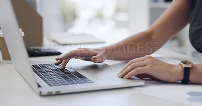 Buy stock photo Typing, research and hands with laptop in business, financial analyst and risk assessment on website. Online, info and person with tech for investment opportunity, wealth management and assignment