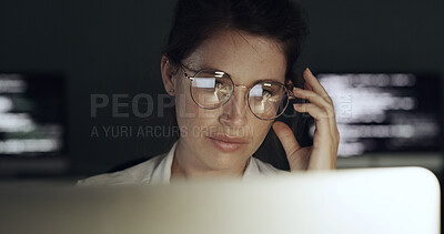 Buy stock photo Glasses, reading and business woman with laptop for programming, software or web design solution. Programmer, reflection and technology for IT problem solving, maintenance results or coding at night