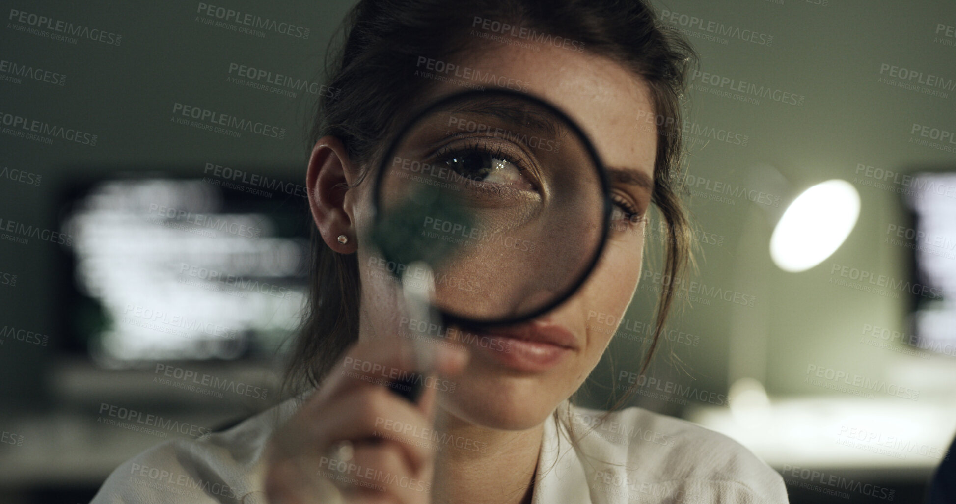 Buy stock photo Magnifying glass, detective and woman at night with microchip for digital forensics, investigation or clue. Private investigator, bokeh and person with tech for inspection, data recovery and evidence