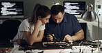 Night, motherboard and team with welding for IT maintenance, repair and diagnostics for hardware. Technology, technician and engineer people with tools for troubleshooting, system test or soldering