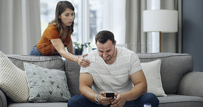 Buy stock photo Fighting, phone and couple on sofa in home with relationship problem, cheating or affair conflict. Argument, cellphone and man with woman for marriage disagreement in living room at apartment.