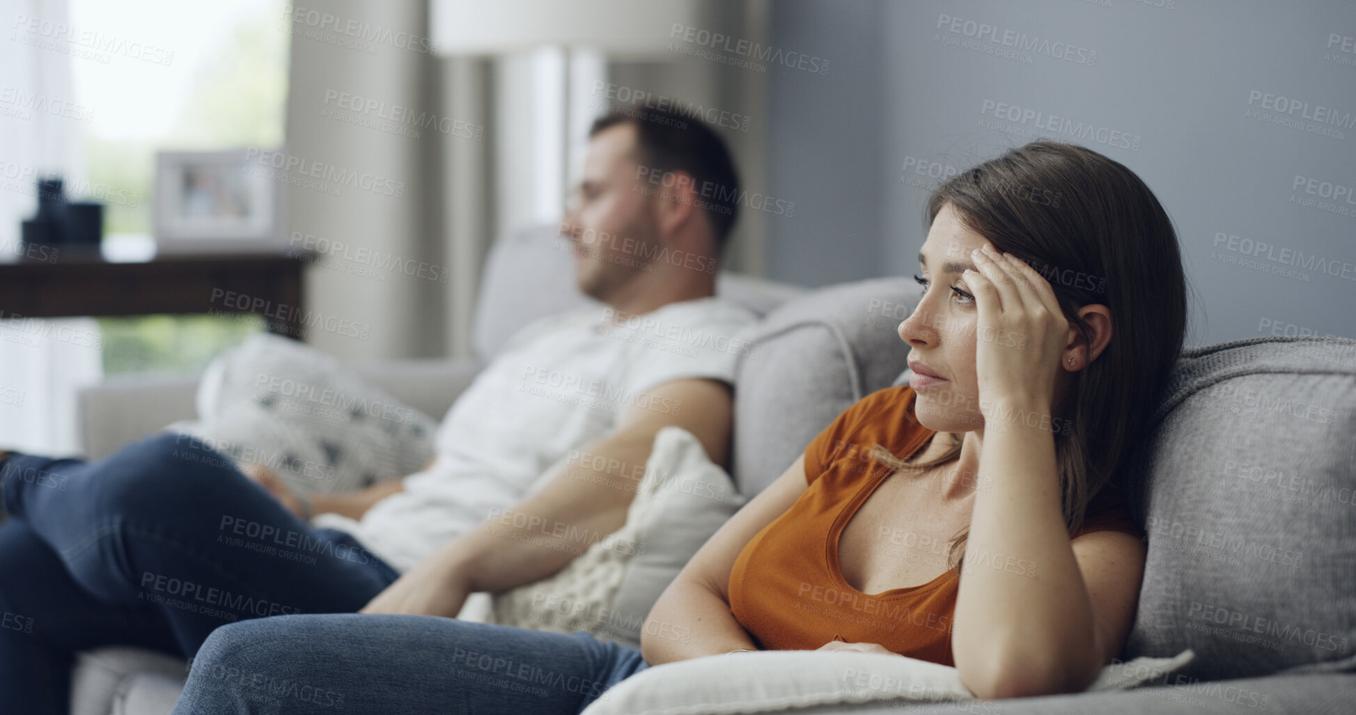 Buy stock photo Argument, conflict and couple on sofa in home with silent treatment for cheating or affair. Fighting, ignore and man with woman for marriage disagreement for divorce in living room at apartment.