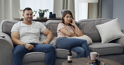 Buy stock photo Relax, couple and happy watching tv on sofa for movie subscription, online series and bonding. Relationship, people and streaming service in home for film broadcast, weekend entertainment and break