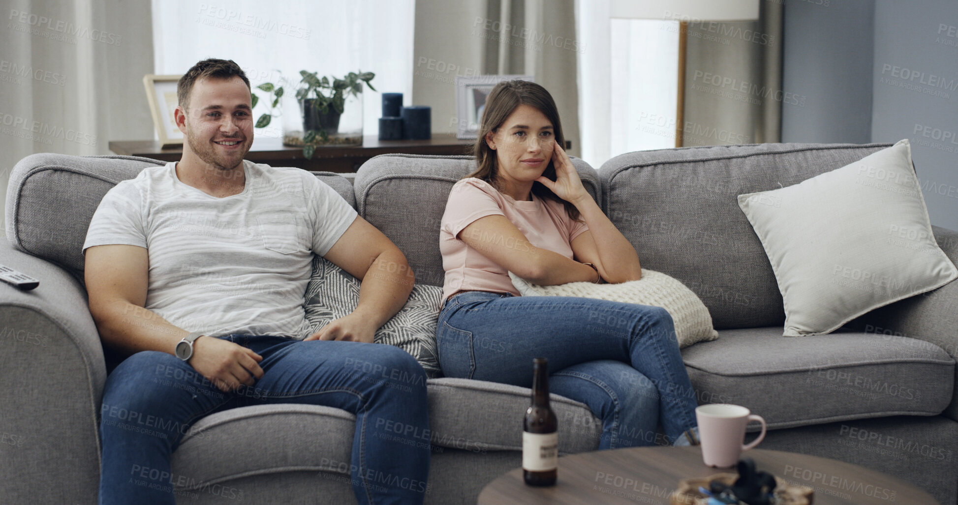 Buy stock photo Relax, couple and happy watching tv on sofa for movie subscription, online series and bonding. Relationship, people and streaming service in home for film broadcast, weekend entertainment and break