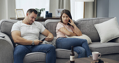 Buy stock photo Phone, ignore and couple on sofa in home with texting, chatting or networking with conflict. Happy, argument and people with cellphone for contact on mobile app with fighting in living room at house.