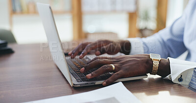 Buy stock photo Office, employee and hands with laptop, typing and risk management with financial report on website. Corporate, auditor and person with keyboard for revenue review, online and analysis for tax return