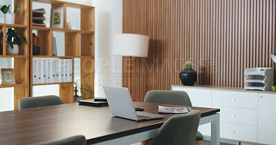 Buy stock photo Laptop, documents and furniture in empty office for financial company, research and connectivity. Table, computer and paperwork in boardroom with network, finance report and technology for business