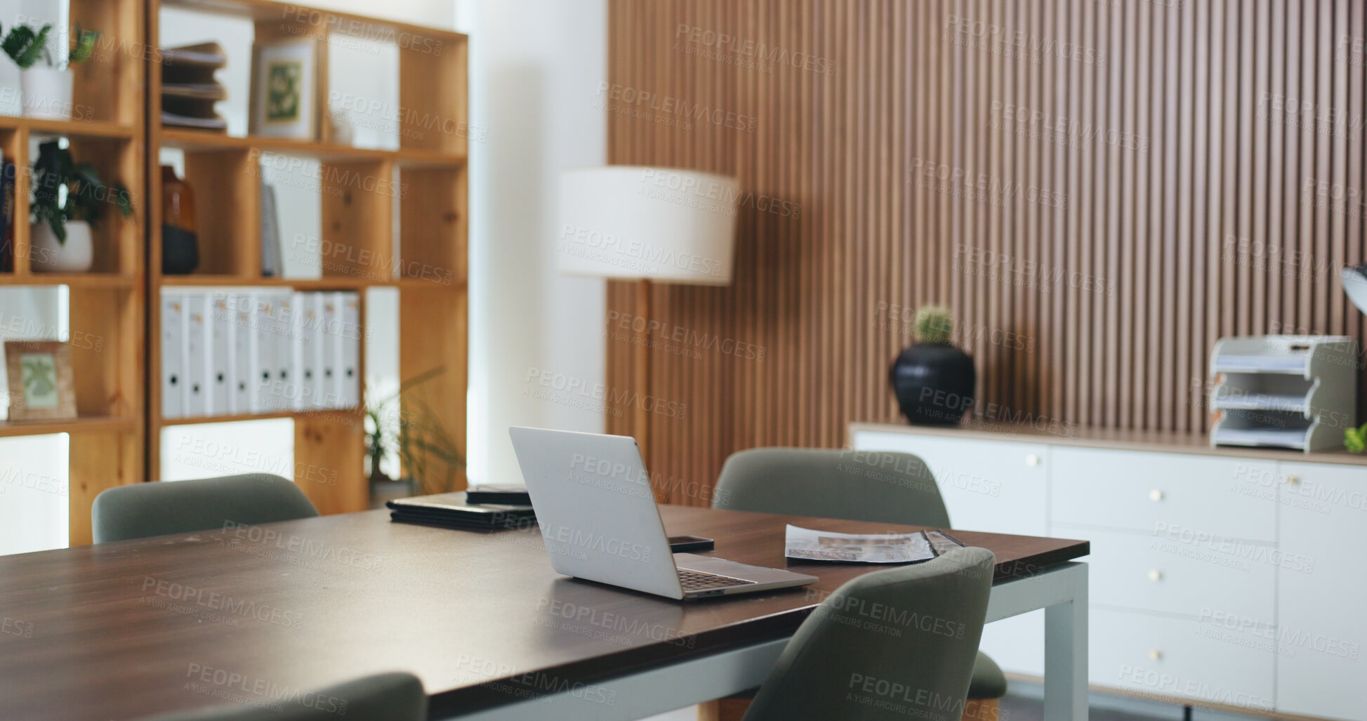 Buy stock photo Laptop, documents and furniture in empty office for financial company, research and connectivity. Table, computer and paperwork in boardroom with network, finance report and technology for business