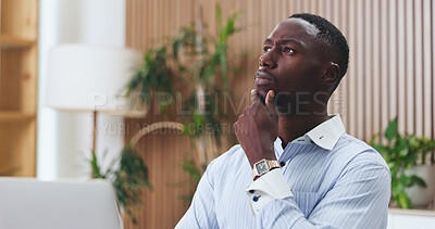 Buy stock photo Office, employee and black man with laptop, thinking or risk management with financial report on web. Corporate, auditor and person with tech for revenue review, reflection and ideas for project